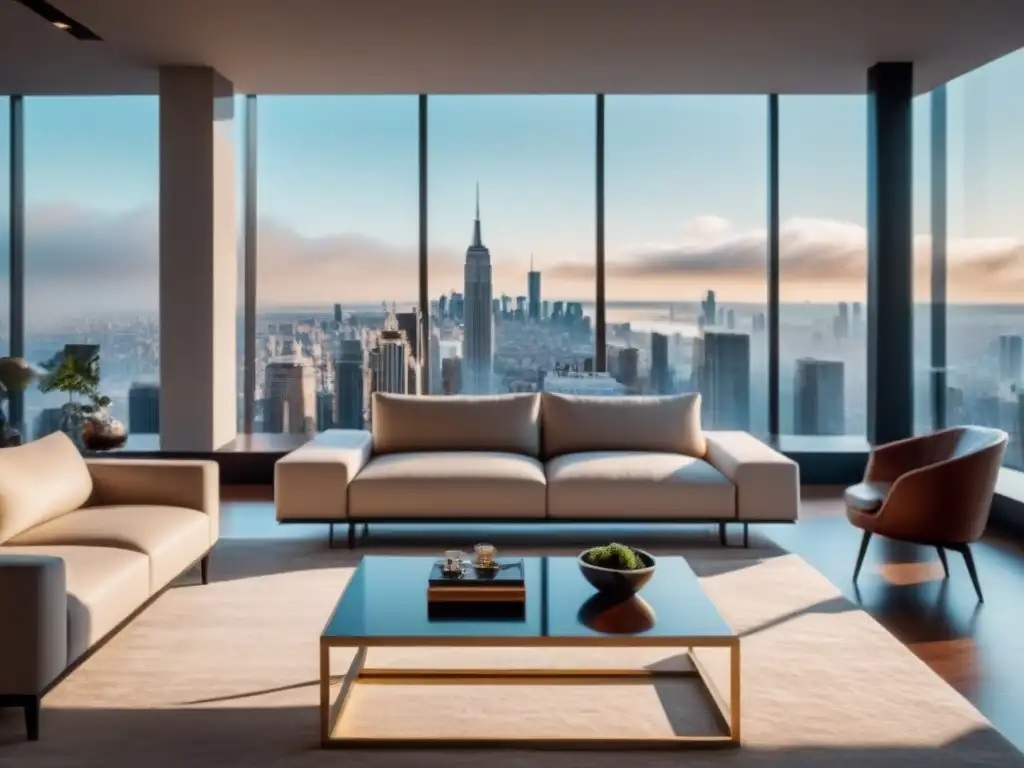 Salón de lujo con tecnología VR y vistas urbanas en 8k Vista impresionante de sala moderna de lujo con visor VR, fusionando realidad virtual con propiedades inmobiliarias