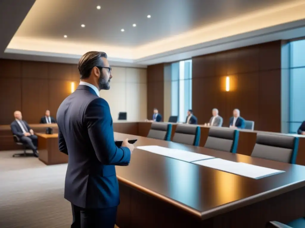 Escenario legal de alta tecnología en juicio por propiedad Vista interior de una sala de tribunal moderna con abogados discutiendo estrategias legales para prevenir conflictos en restauración