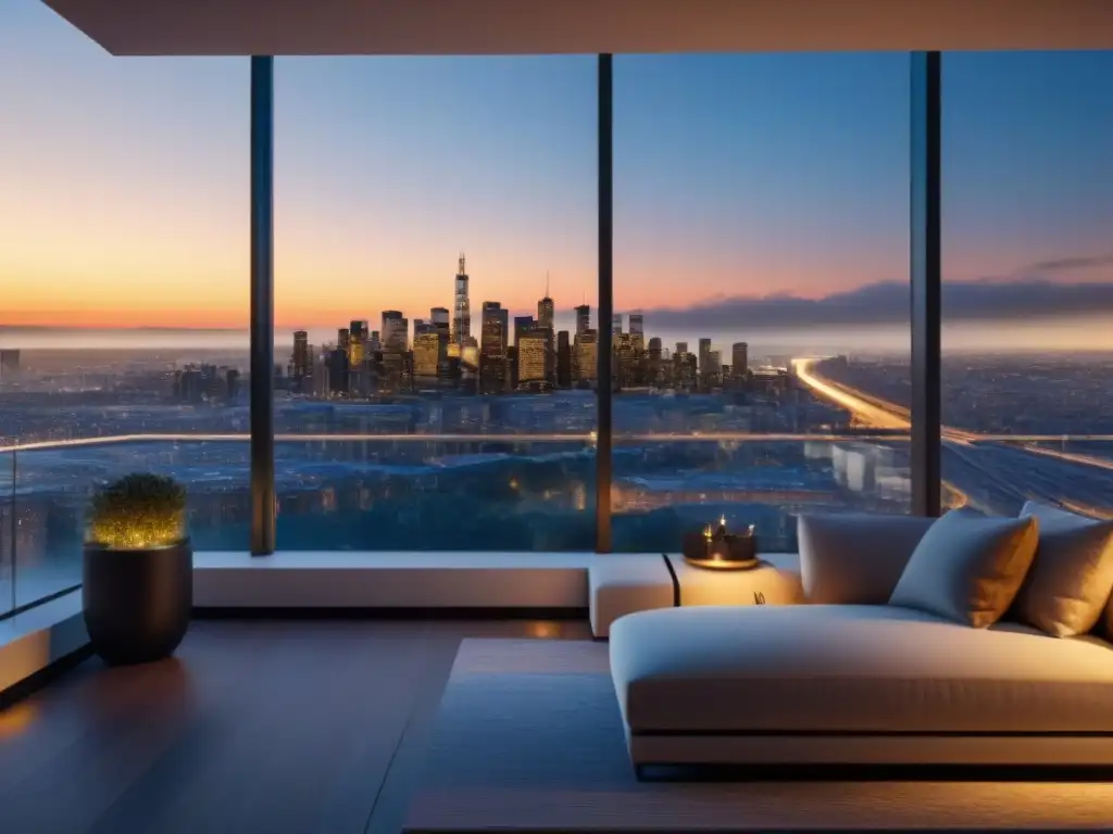 Penthouse de lujo al atardecer en la ciudad Vista de lujo en penthouse con diseño elegante y vista urbana al atardecer