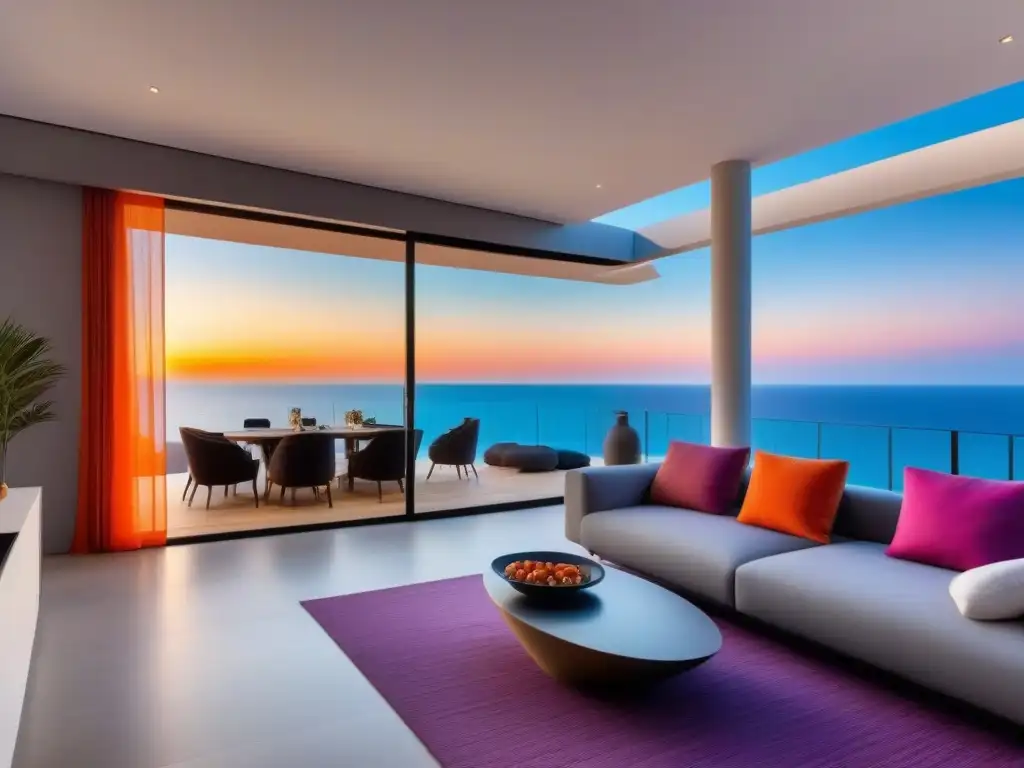 Puesta de sol de lujo en apartamento moderno frente al mar en España Vista al mar Mediterráneo al atardecer desde lujoso apartamento en España