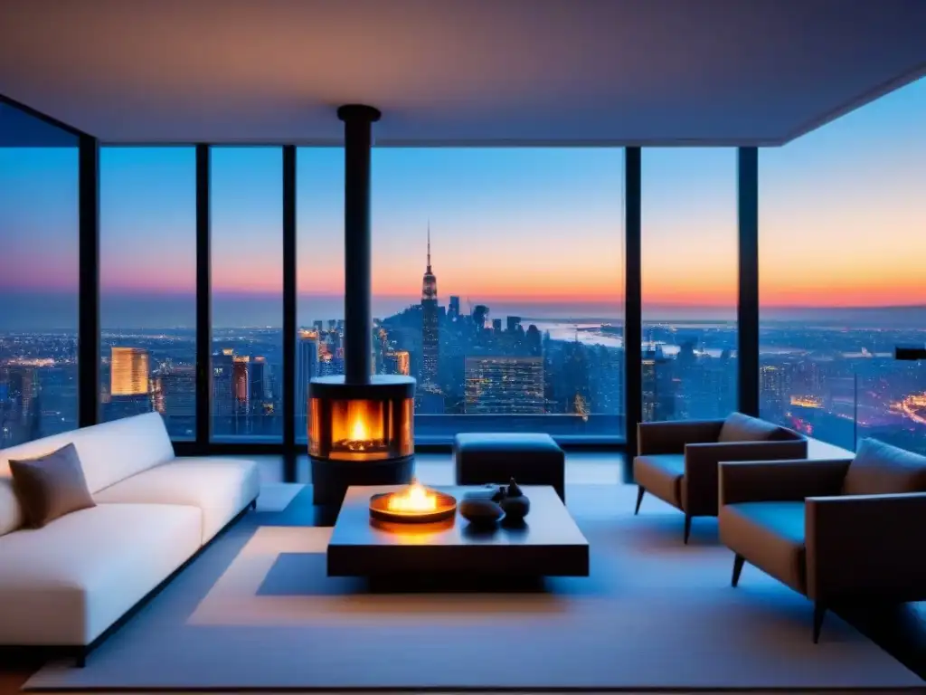 Exclusivo penthouse moderno con vista a la ciudad al atardecer Vista moderna de penthouse de lujo con diseño elegante y ambiente sofisticado, ideal para Marketing de contenidos inmobiliario lujo
