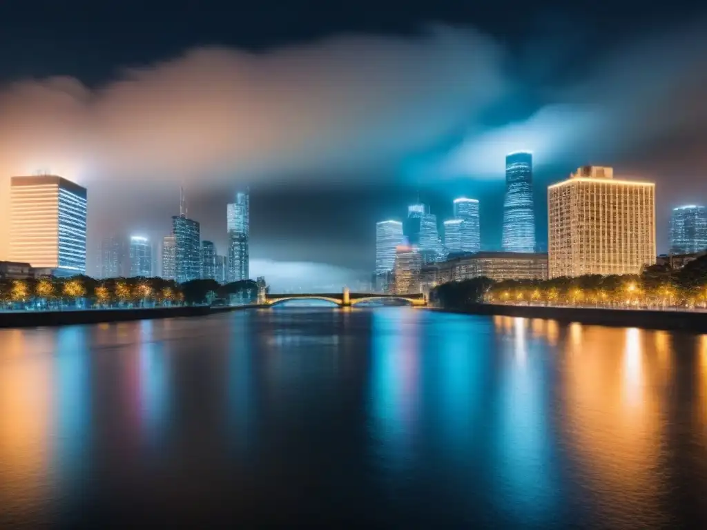 Metrópolis nocturna: rascacielos iluminados junto al río Vista nocturna de una ciudad bulliciosa con rascacielos iluminados reflejados en un río tranquilo, mostrando el desarrollo urbano y medidas de seguridad ciudadana en lugar