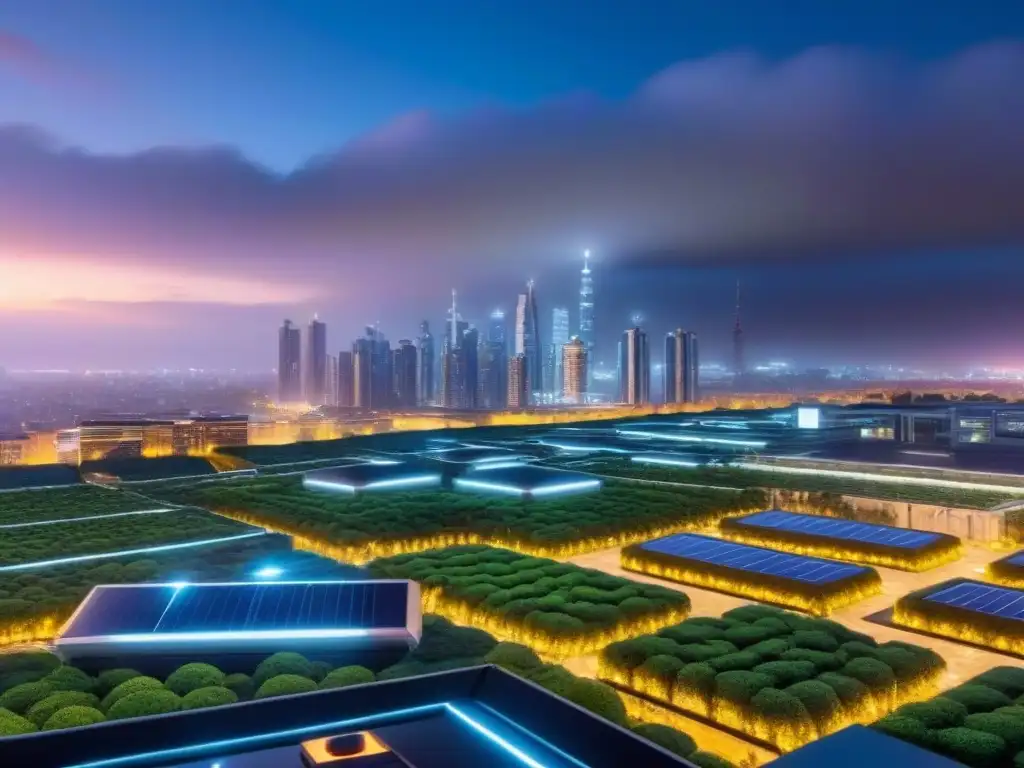Metrópolis futurista: arquitectura sostenible y eficiente energéticamente Vista nocturna de ciudad futurista con diseño eficiente para ahorro energético