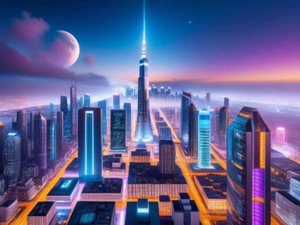 Metrópolis futurista: luces y hologramas en la noche Vista nocturna de ciudad futurista con rascacielos iluminados y hologramas, modelos predictivos en bienes raíces