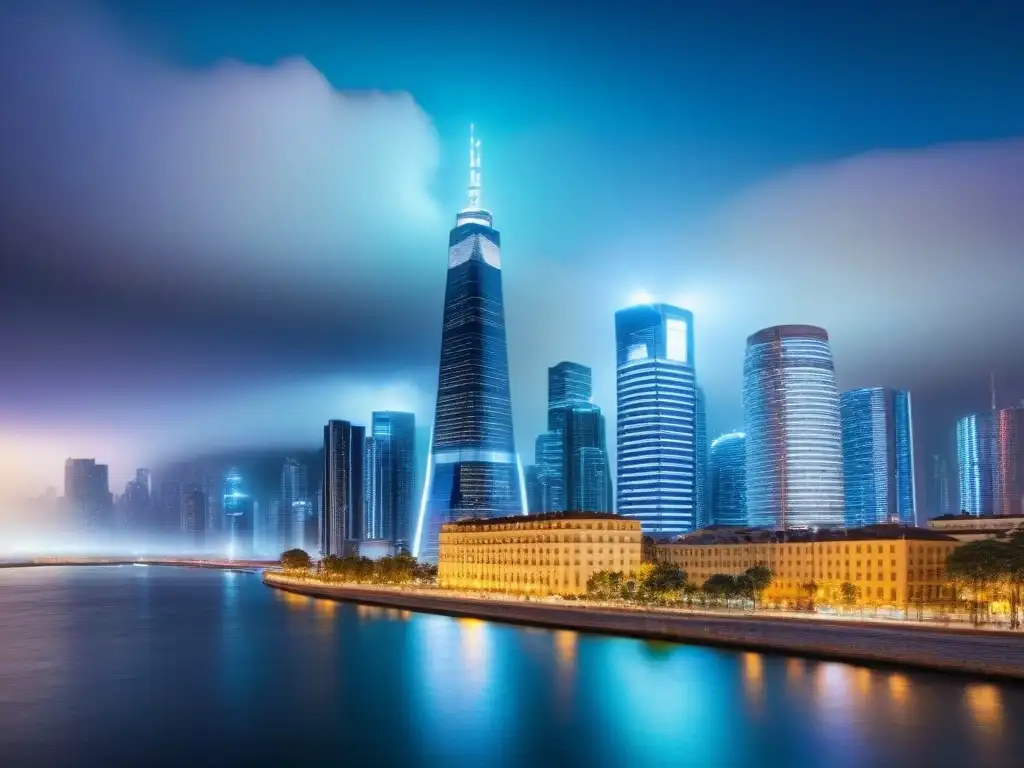 Metropolis futurista: rascacielos iluminados con datos financieros digitales Vista nocturna de ciudad futurista con rascacielos iluminados y datos financieros, integrando tecnología y finanzas