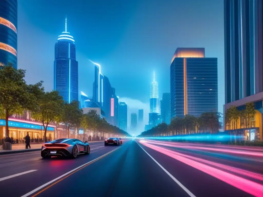 Metrópolis futurista: Integración de IA en la arquitectura urbana Vista nocturna de una ciudad futurista con rascacielos iluminados por luces de neón, mostrando la integración de la Inteligencia Artificial en Bienes Raíces