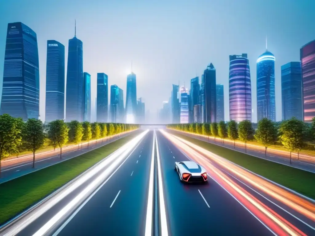 Metrópolis futurista: luces LED, drones y vehículos autónomos Vista nocturna de ciudad futurista con edificios inteligentes, vehículos autónomos y drones, transmitiendo eficiencia e innovación