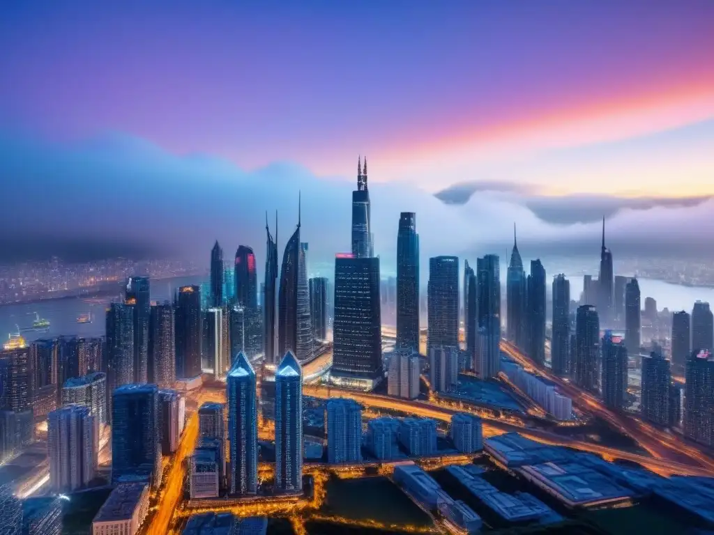 Metrópolis futurista: progreso y eficiencia en la negociación inmobiliaria Vista nocturna de una ciudad futurista con rascacielos iluminados y sistemas de transporte avanzados, reflejando progreso e innovación