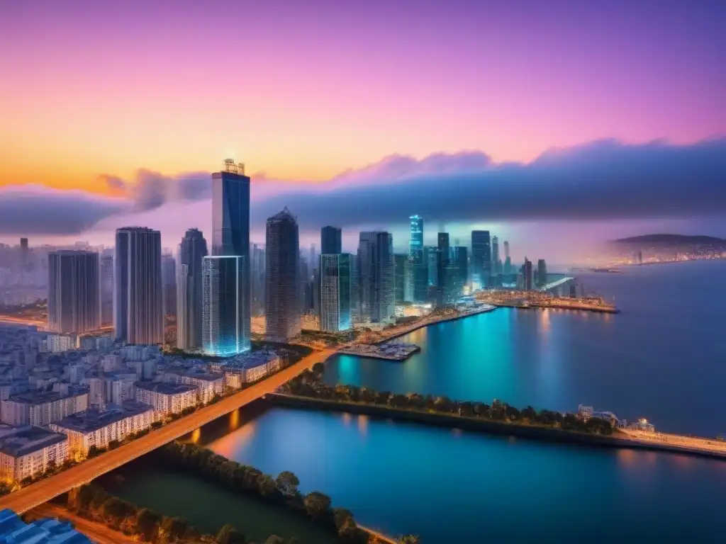 Real Estate: Ciudad nocturna con rascacielos iluminados Vista nocturna de una ciudad moderna y vibrante, reflejando profesionalismo e innovación en la industria inmobiliaria