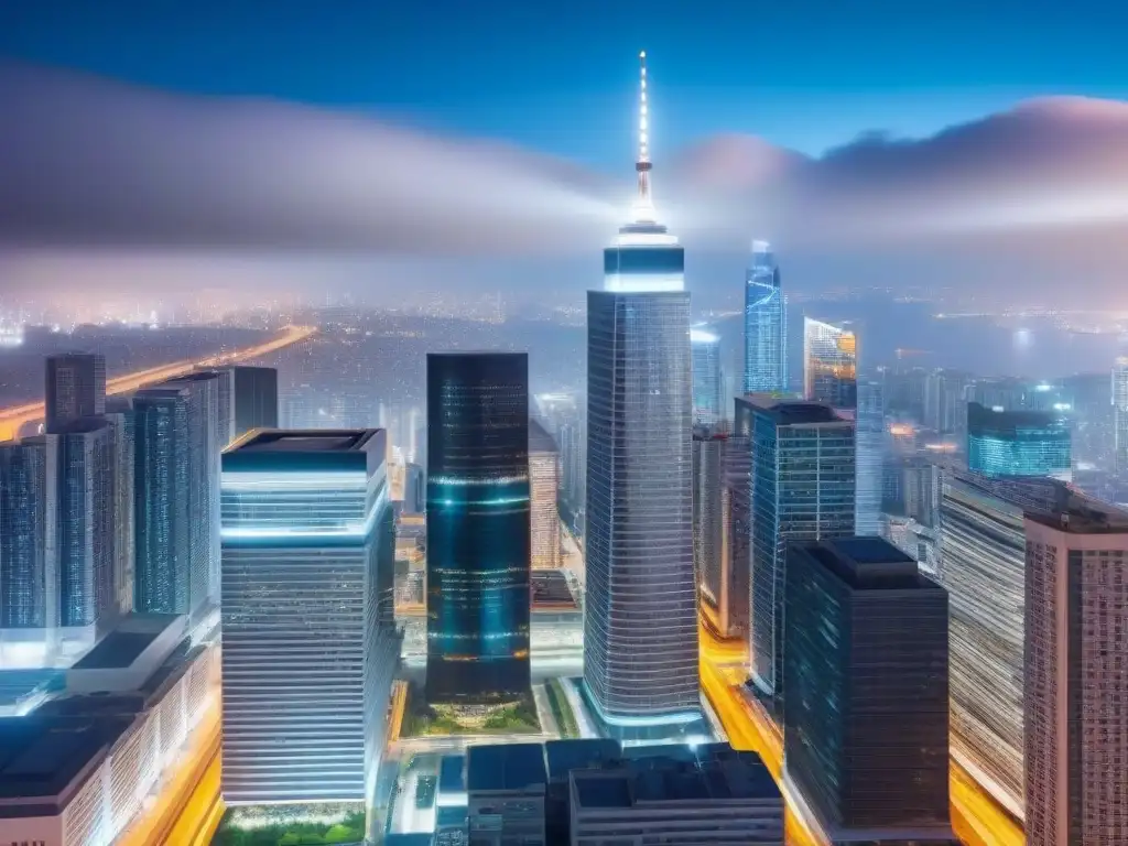Real Estate: Ética en la Interconexión Urbana Vista nocturna de una ciudad moderna y elegante, reflejando la ética en redes sociales inmobiliarias