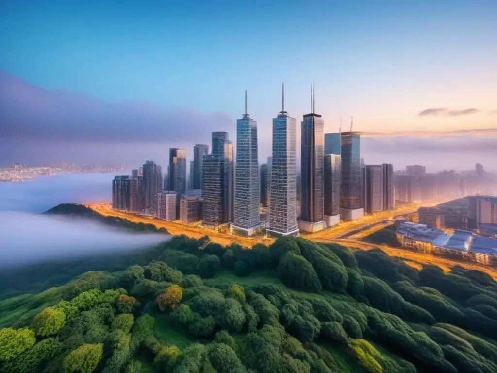 Horizonte urbano moderno al anochecer: ética en bienes raíces Vista nocturna de una ciudad moderna con rascacielos iluminados, reflejando luces de la ciudad