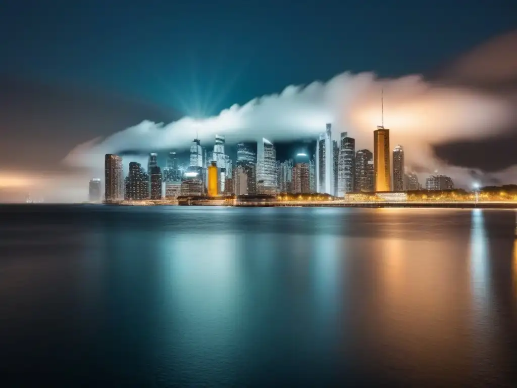 Espectacular skyline urbano en blanco y negro iluminado de noche Vista nocturna de una ciudad moderna en escala de grises, con rascacielos iluminados y reflejos en el agua