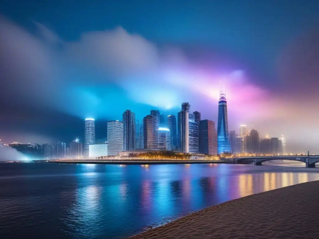 Innovación nocturna: modelado predictivo para inversiones inmobiliarias Vista nocturna de ciudad moderna con rascacielos iluminados y un río sereno, reflejando tendencias en inversiones inmobiliarias modelos predictivos