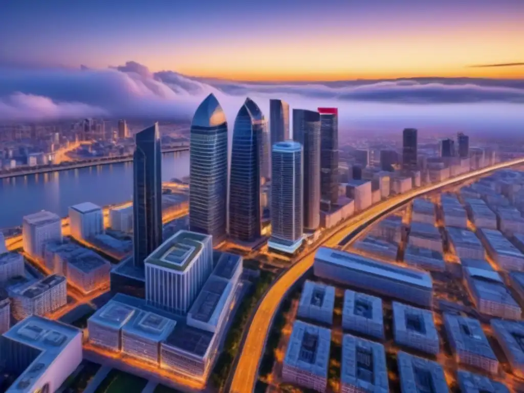 Horizonte urbano tecnológico al atardecer Vista nocturna de una ciudad moderna con edificios iluminados y redes viales, reflejando la integración tecnológica en inversiones inmobiliarias