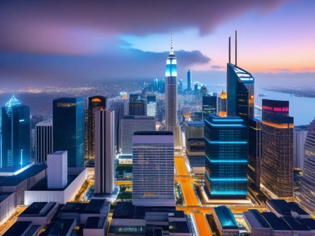 Espectacular skyline nocturno de ciudad moderna en 8k Vista nocturna de ciudad moderna con rascacielos iluminados y edificio futurista