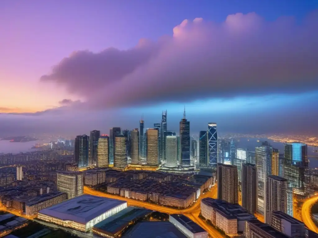 Horizonte urbano moderno: luces vibrantes en la ciudad al atardecer Vista nocturna de una ciudad moderna con edificios comerciales iluminados, reflejando oportunidades de inversión en propiedades comerciales