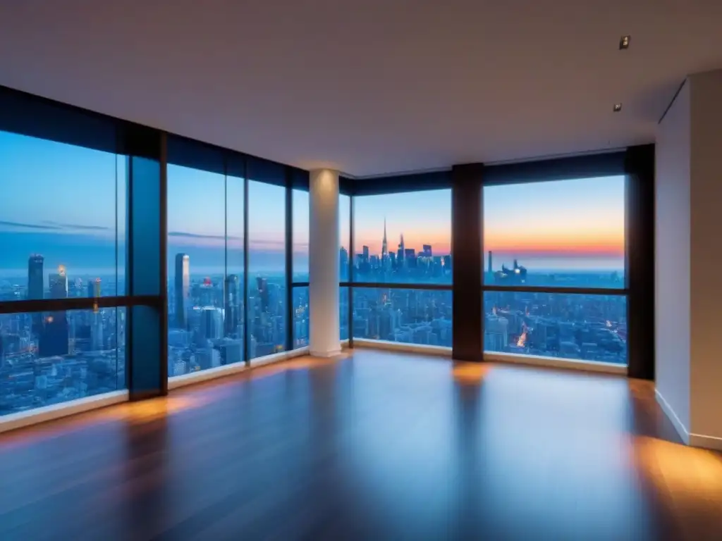 Edificio de lujo con vistas urbanas al atardecer Vista nocturna de edificio de lujo con ventanales que reflejan la ciudad, ideal para marketing digital para propiedades de inversión