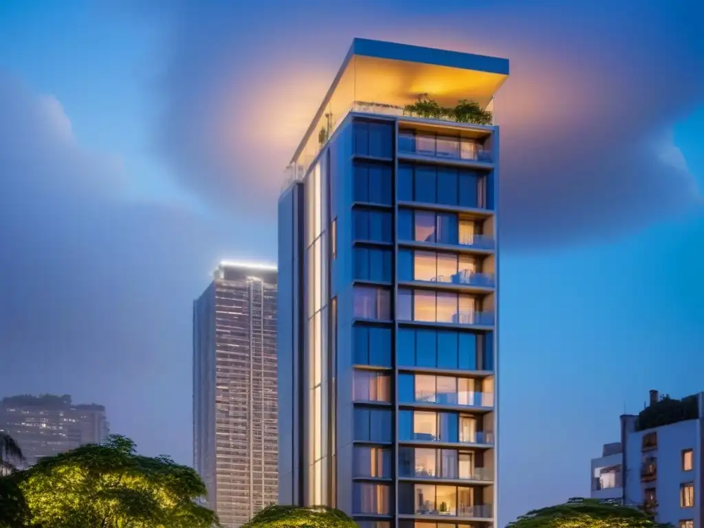 Rascacielos de lujo: arquitectura moderna en ciudad emergente Vista nocturna de edificio residencial de alta gama en mercado emergente, reflejando lujo y sostenibilidad