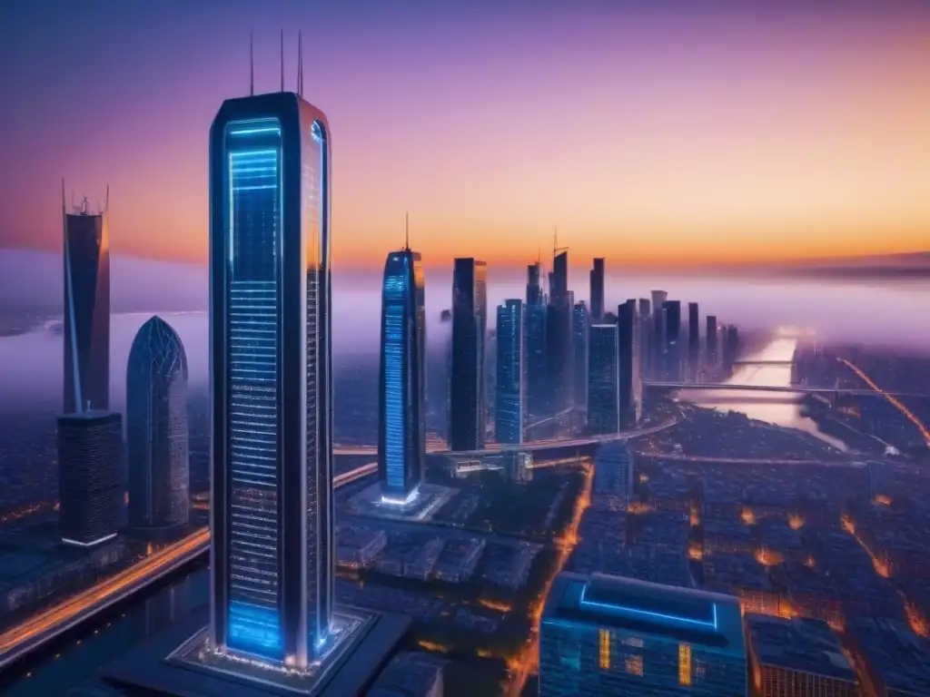 Metrópolis futurista: luces de la innovación urbana Vista nocturna futurista de la ciudad con rascacielos iluminados y drones, reflejando tendencias inversión inmobiliaria gestión