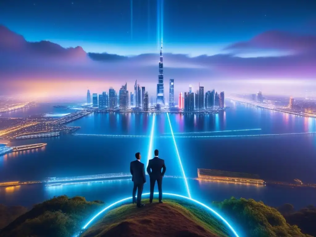 Metrópolis futurista: tendencias inmobiliarias y tecnología punta Vista nocturna futurista de la ciudad con predicción tendencias inmobiliarias con Machine Learning