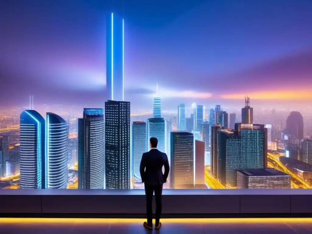 Metropolis futurista: Integración de AI en análisis inmobiliario Vista nocturna futurista de la ciudad con rascacielos iluminados y pantallas digitales, reflejando la Integración AI Análisis Mercado Inmobiliario