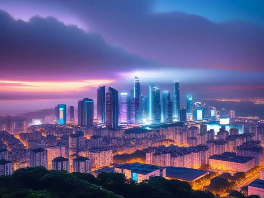 Metrópolis futurista: tecnología avanzada en desarrollo urbano Vista nocturna futurista de una ciudad con rascacielos reflectantes iluminados por luces de neón, mostrando integración tecnológica en desarrollo urbano, reflejando enfoque moderno y vanguardista en valoración de propiedades usando inteligencia artificial