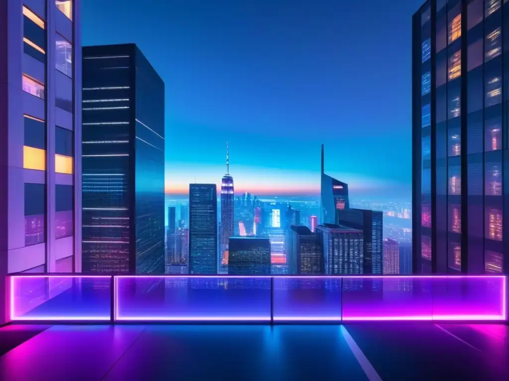 Metrópolis futurista: tecnología avanzada y elegancia urbana Vista nocturna futurista de la ciudad con rascacielos iluminados, drones AI y pantallas digitales