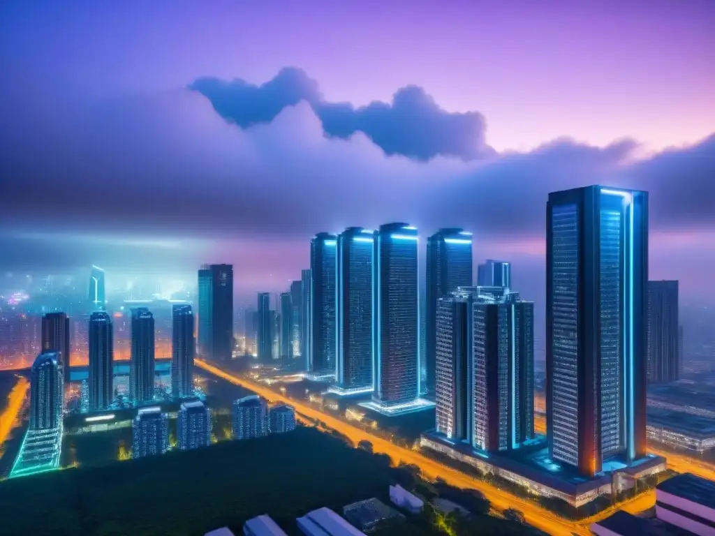 Metrópolis futurista: Seguridad avanzada en propiedades comerciales Vista nocturna futurista de la ciudad con rascacielos iluminados por luces de neón y sistemas de seguridad avanzados