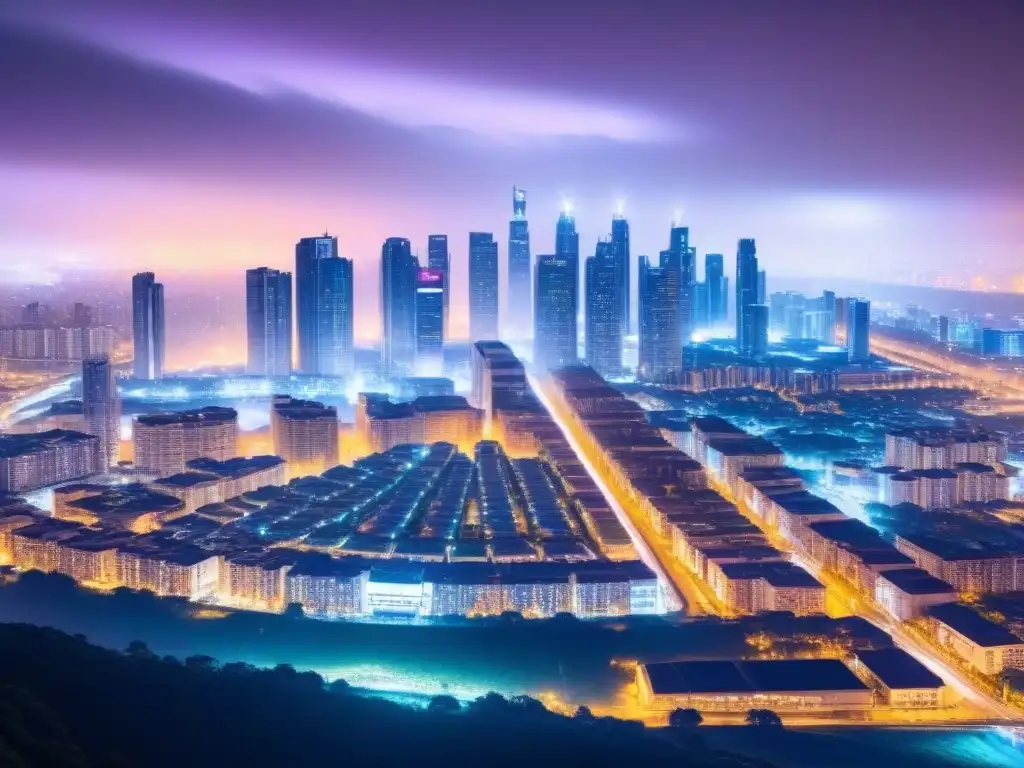 Metrópolis futurista: valuaciones inmobiliarias AI en tiempo real Vista nocturna futurista de la ciudad con integración de Inteligencia artificial en valoración inmobiliaria