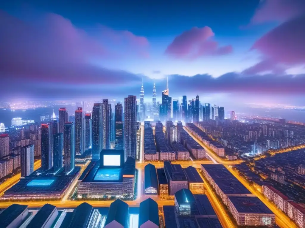 Metrópolis futurista: analítica inmobiliaria AI en acción Vista nocturna futurista de la ciudad con IA en Financiación Inmobiliaria: drones, hologramas y luces de neón