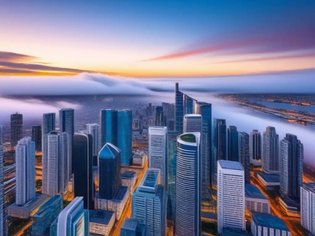 Horizonte urbano futurista al anochecer Vista nocturna futurista de una ciudad con rascacielos iluminados, reflejando la predicción de tendencias inmobiliarias con Machine Learning