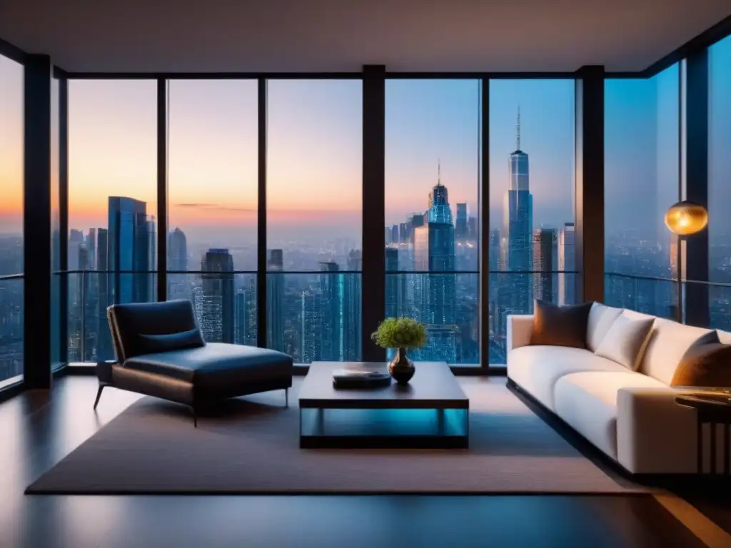 Espectacular atardecer urbano desde lujoso edificio de altura Vista nocturna impresionante de un edificio de condominios de lujo con Seguros inmobiliarios de lujo