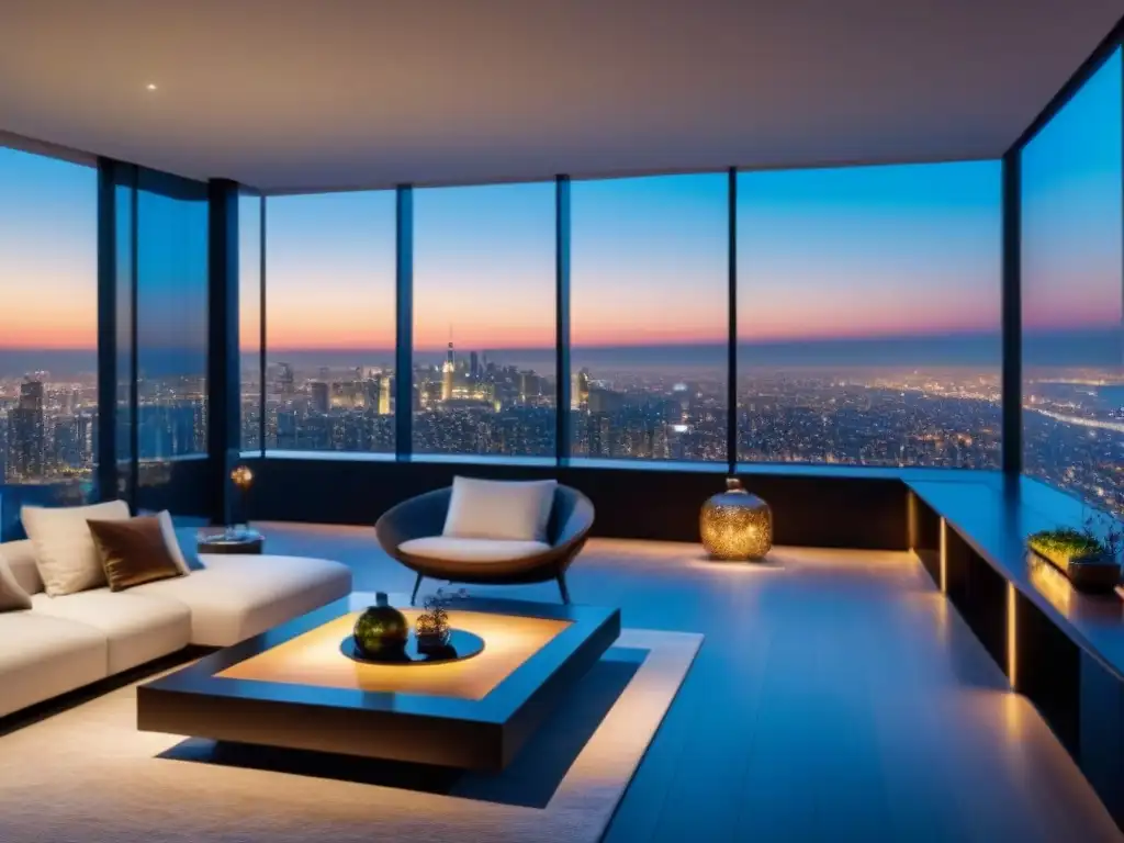 Penthouse de lujo con vista panorámica nocturna en 8k Vista nocturna de lujoso ático moderno con diseño contemporáneo y panorámica de la ciudad