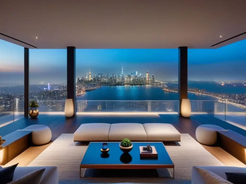 Penthouse de lujo: vista 8k de la ciudad nocturna Vista nocturna desde lujoso ático moderno, reflejando sofisticación y riqueza