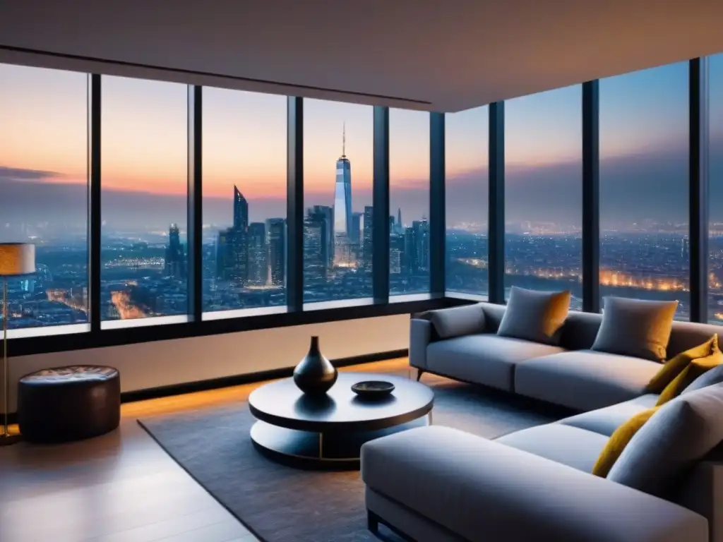 Penthouse de lujo con vista nocturna de la ciudad Vista nocturna de un lujoso ático moderno con ventanales de piso a techo en una ciudad vibrante