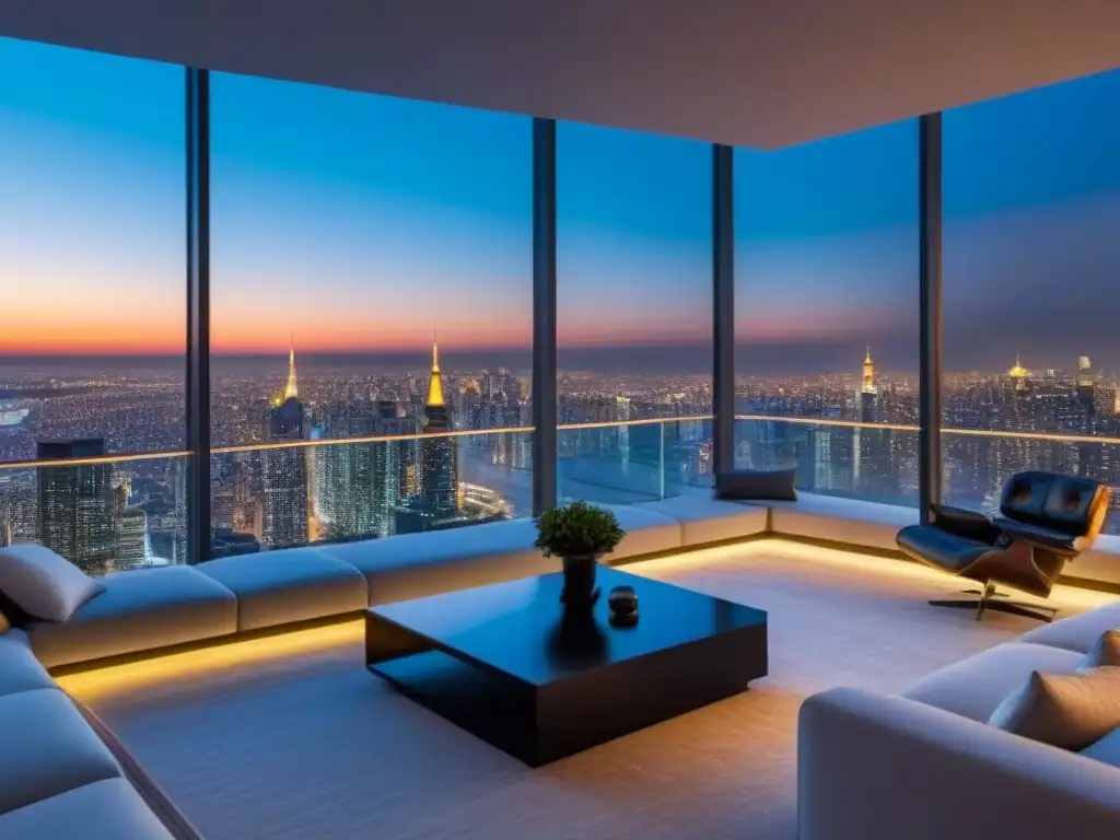 Penthouse de lujo con vistas panorámicas en mercado emergente Vista nocturna de lujoso ático en ciudad emergente