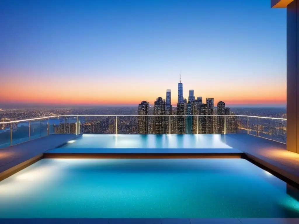 Residencial de lujo: atardecer urbano en highrise exclusivo Vista nocturna de un lujoso edificio de apartamentos con ventanales que muestran la imponente ciudad iluminada