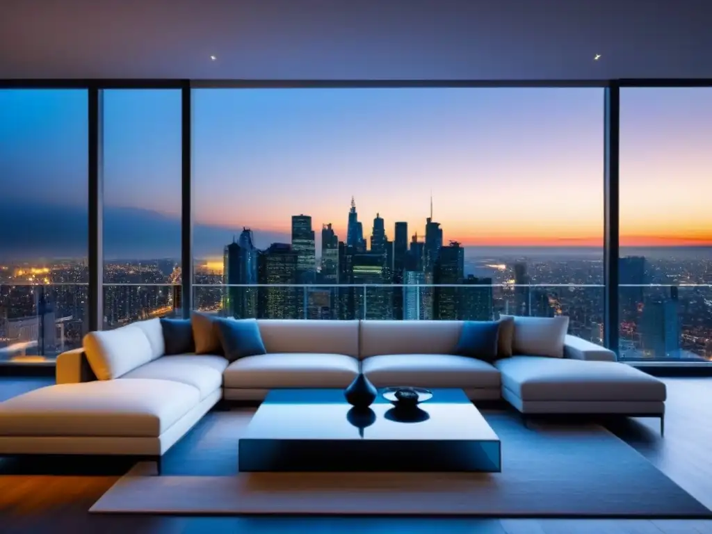 Penthouse de lujo con vistas nocturnas a la ciudad Vista nocturna de lujoso penthouse con ventanales de piso a techo, mobiliario moderno y arte elegante