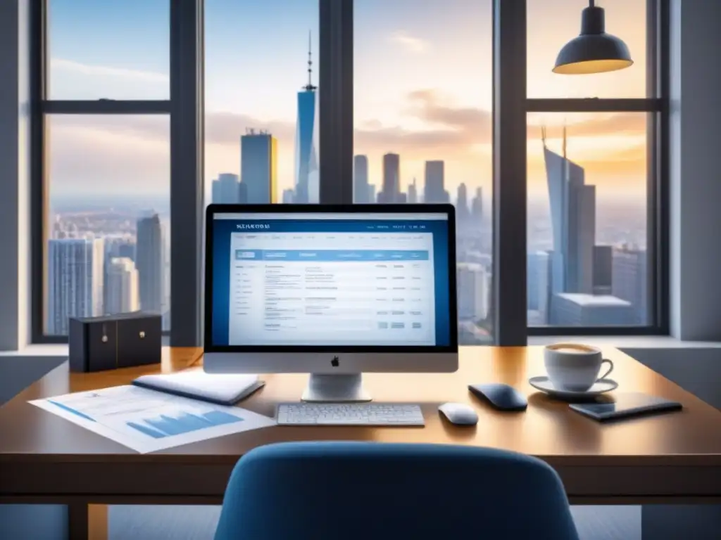 Escritorio de oficina moderno: oportunidades de inversión inmobiliaria Vista de oficina moderna con planos, portafolio de inversión, café y ciudad en crecimiento