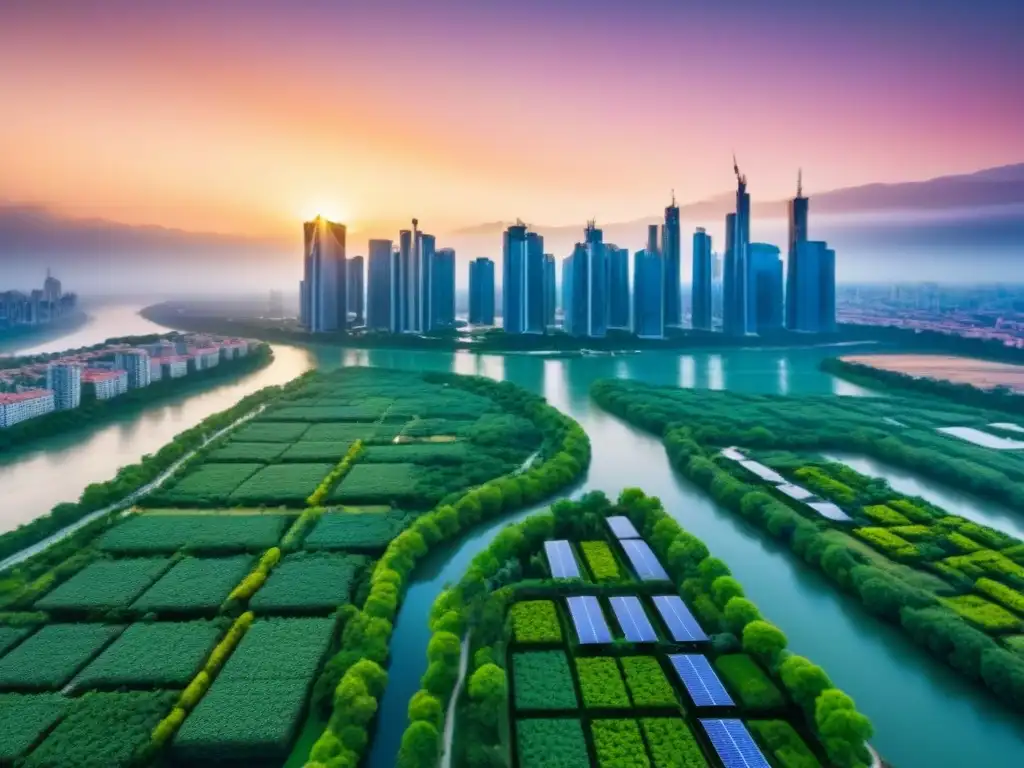Cityscape sostenible: modernidad y naturaleza en armonía Vista panorámica al atardecer de una ciudad moderna con jardines en azoteas y paneles solares, rodeada de parques verdes y ríos limpios