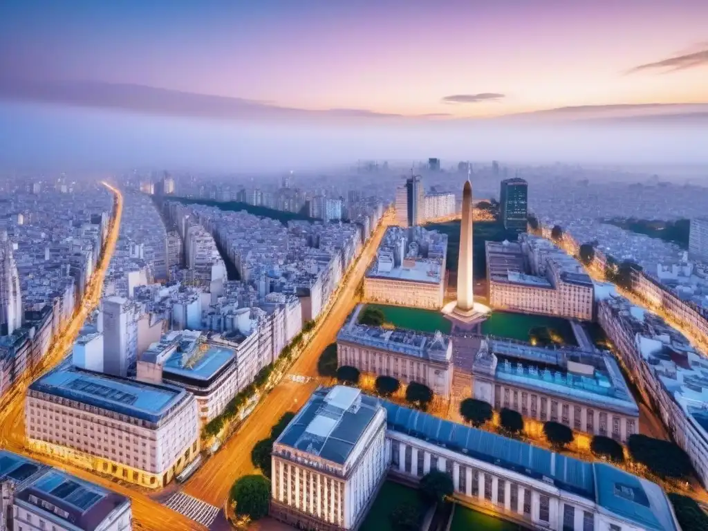 Espléndida vista del skyline de Buenos Aires al atardecer Vista panorámica de Buenos Aires al atardecer con el Obelisco destacando entre rascacielos y edificios históricos