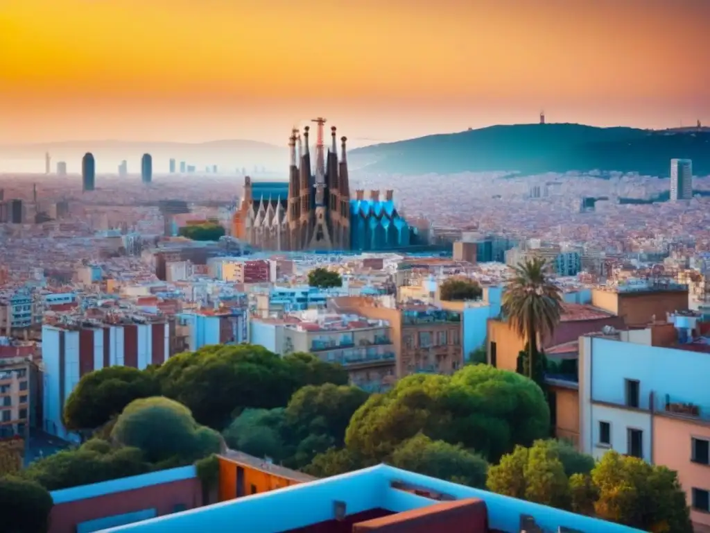 Barcelona al atardecer: skyline ultra detallado en 8k Vista panorámica de Barcelona al atardecer, destacando la Sagrada Familia y otros monumentos