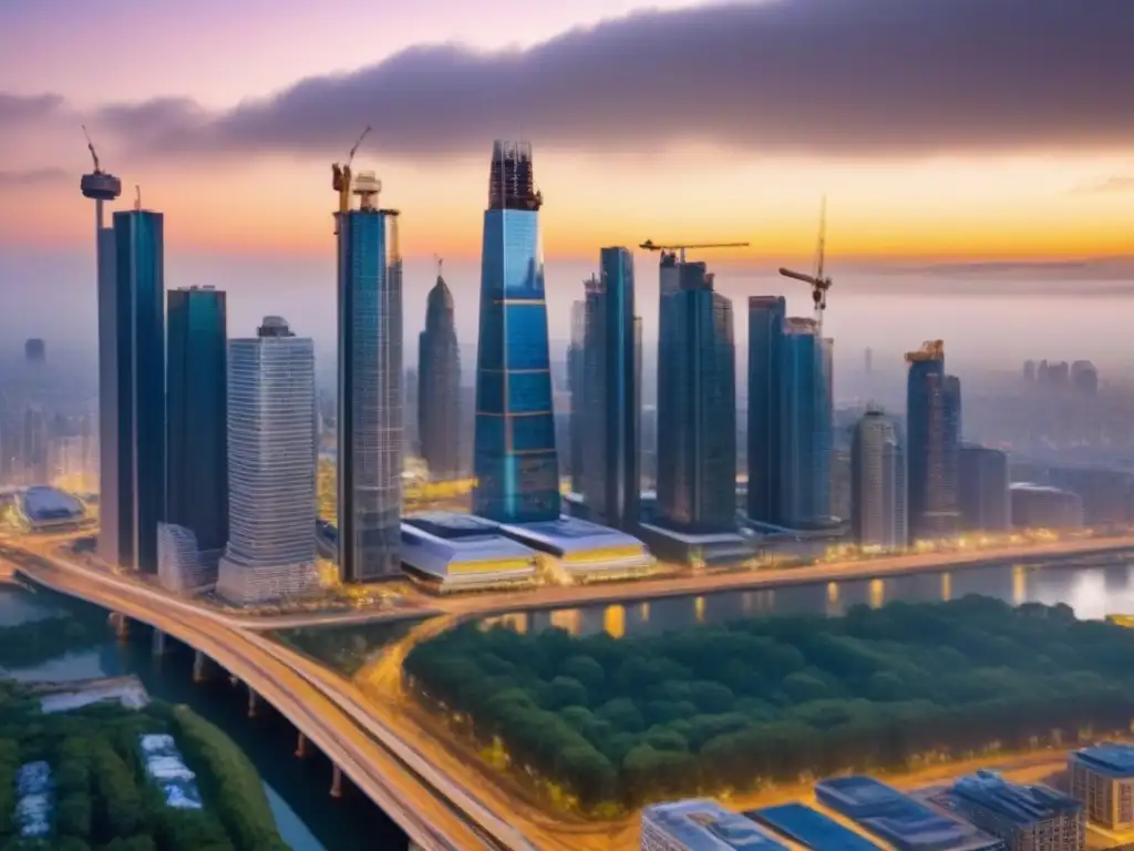 Horizonte urbano en crecimiento: rascacielos y construcción al atardecer Vista panorámica de la bulliciosa ciudad con rascacielos modernos y sitios de construcción, simbolizando la complejidad y potencial de crecimiento de proyectos inmobiliarios a gran escala