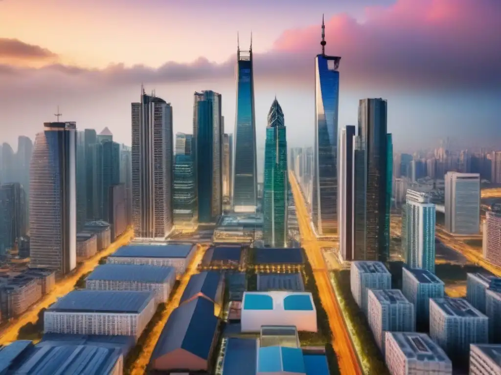 Escena urbana: crecimiento y oportunidad en el mercado inmobiliario Vista panorámica de una bulliciosa ciudad con rascacielos modernos y arquitectura contemporánea, simbolizando un próspero mercado inmobiliario