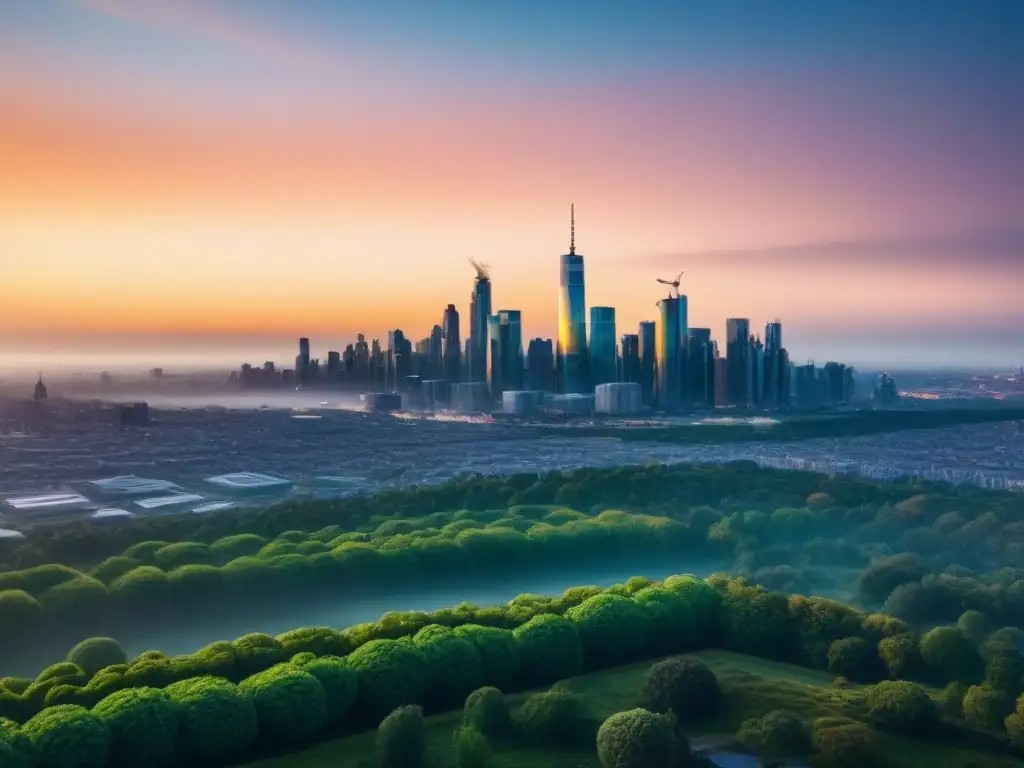 Horizonte urbano del futuro: ciudad vibrante y verde al atardecer Vista panorámica de la ciudad al atardecer con modernos rascacielos y espacios verdes, reflejando tendencias demográficas inversiones inmobiliarias