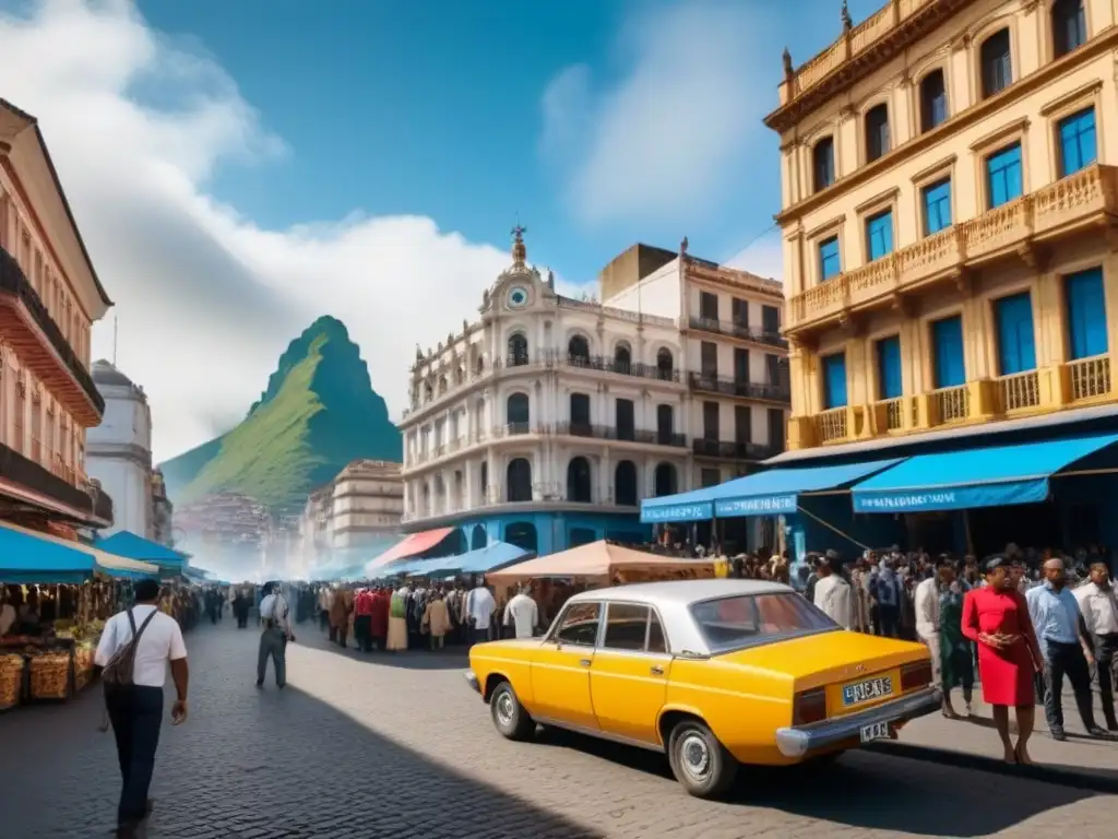Panorama urbano en Sudamérica: mercado vibrante y arquitectura mixta Vista panorámica de una ciudad bulliciosa en Sudamérica, con rascacielos modernos y arquitectura histórica bajo un cielo azul