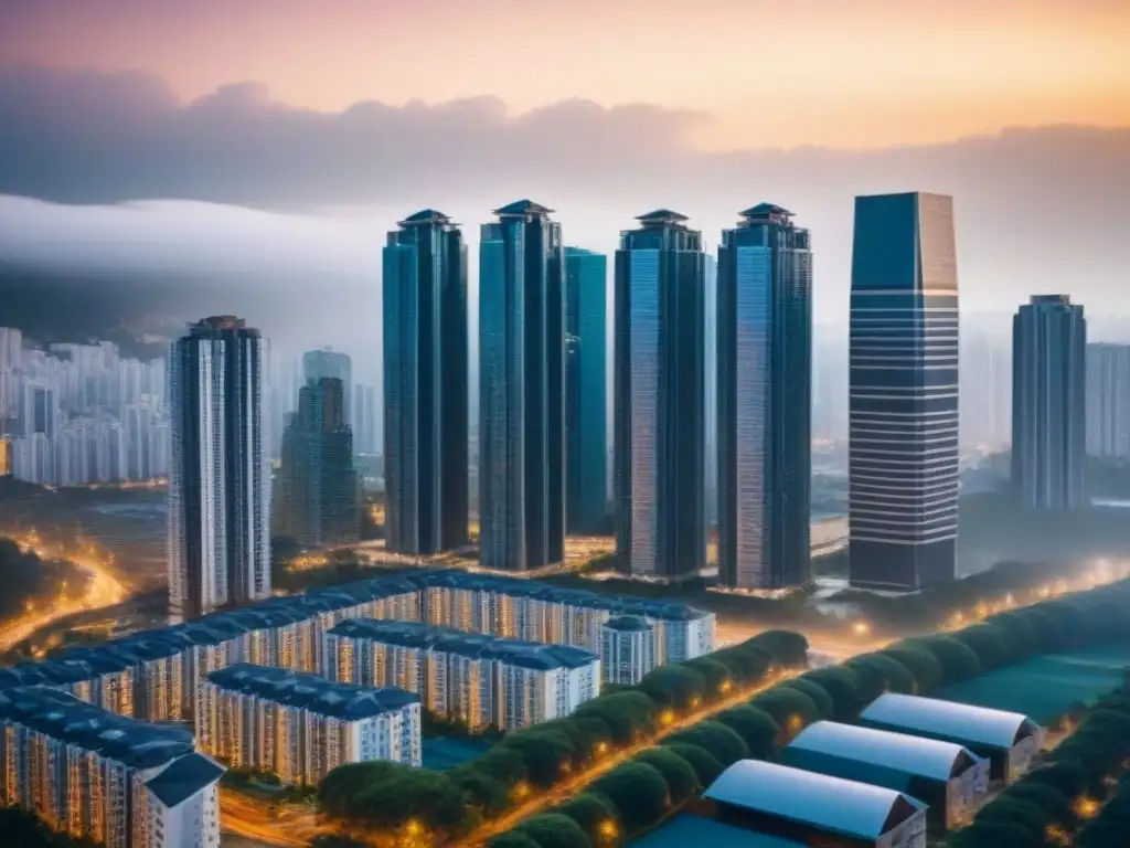 Panorama urbano: diversidad y seguridad en seguros hipotecarios Vista panorámica de una ciudad bulliciosa con rascacielos modernos y edificios residenciales, mostrando un paisaje urbano diverso