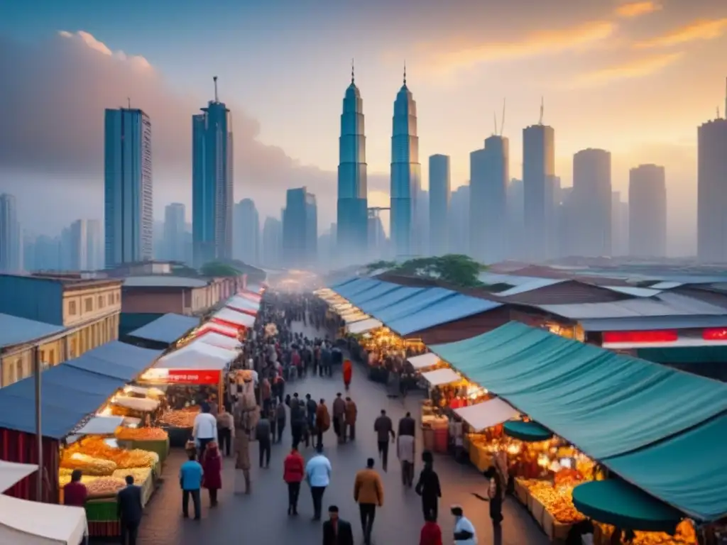 Cityscape emergente: contraste entre tradición y modernidad Vista panorámica de una ciudad emergente con mercados vibrantes y rascacielos imponentes