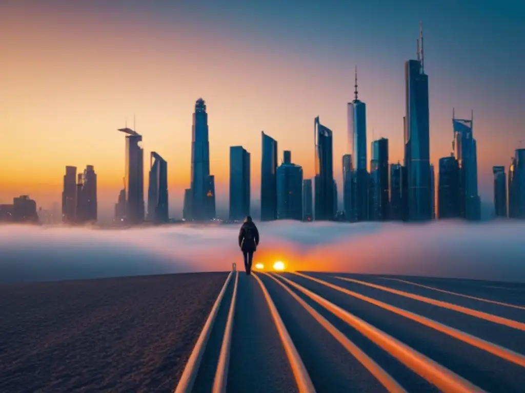 Horizonte futurista: Ciudad dorada en 8k Vista panorámica de la ciudad futurista al atardecer, reflejando rascacielos en un paisaje dorado