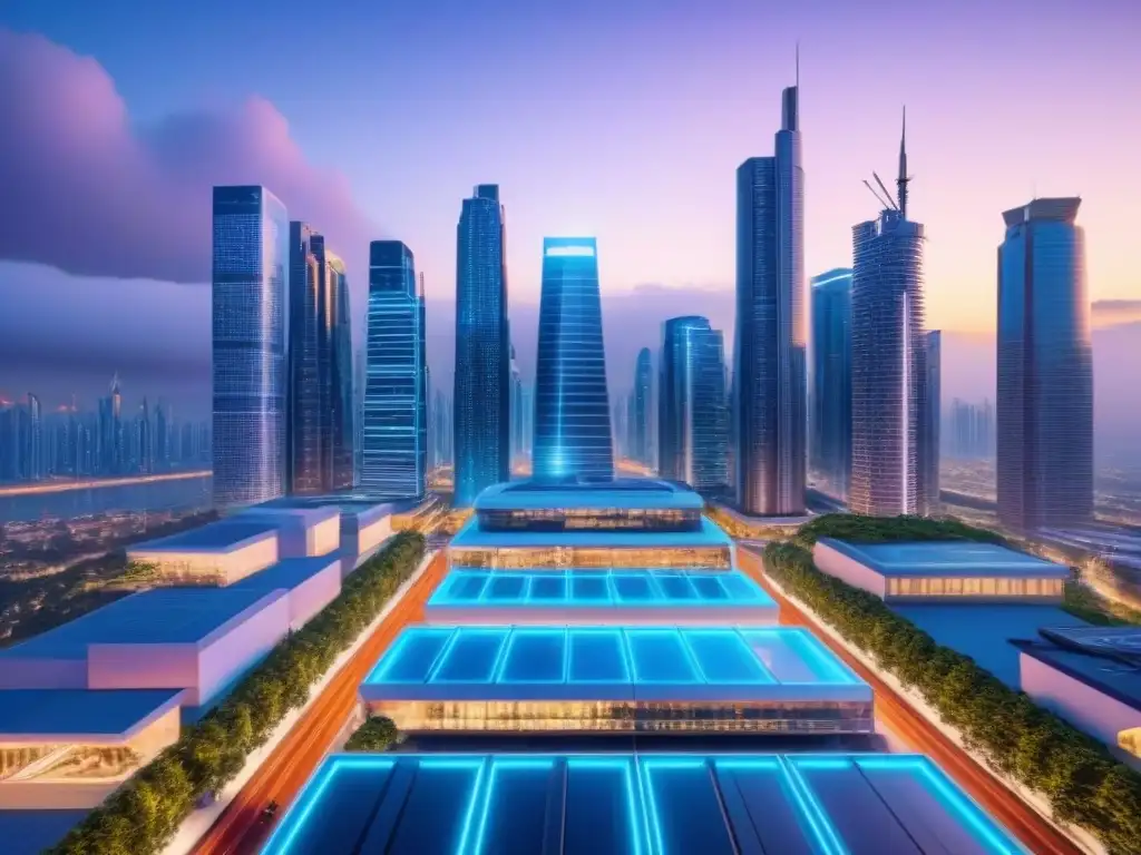 Vista panorámica de la ciudad futurista al anochecer con edificios de vidrio y luces de neón, simbolizando innovación en inversiones inmobiliarias